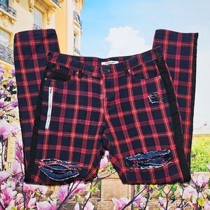 Embellish Plaid Distressed Jeans Size 34x32